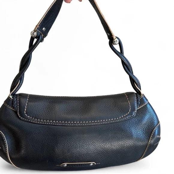 Vintage COLE HAAN Black Pebbled Leather Village Purse SP06 w/ Baseball Stitch! - Picture 2 of 16
